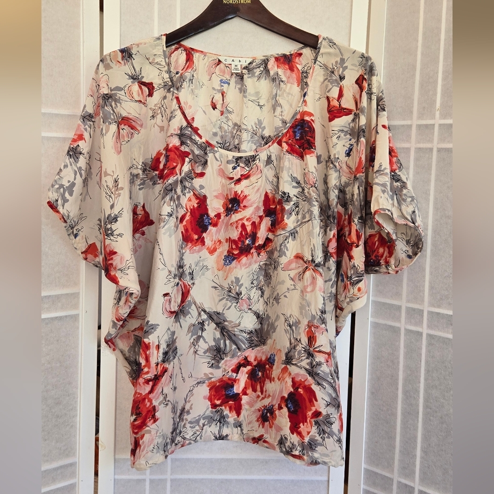CAbi Cream Red and Blue Floral 100% Silk  Blouse Flutter Sleeve